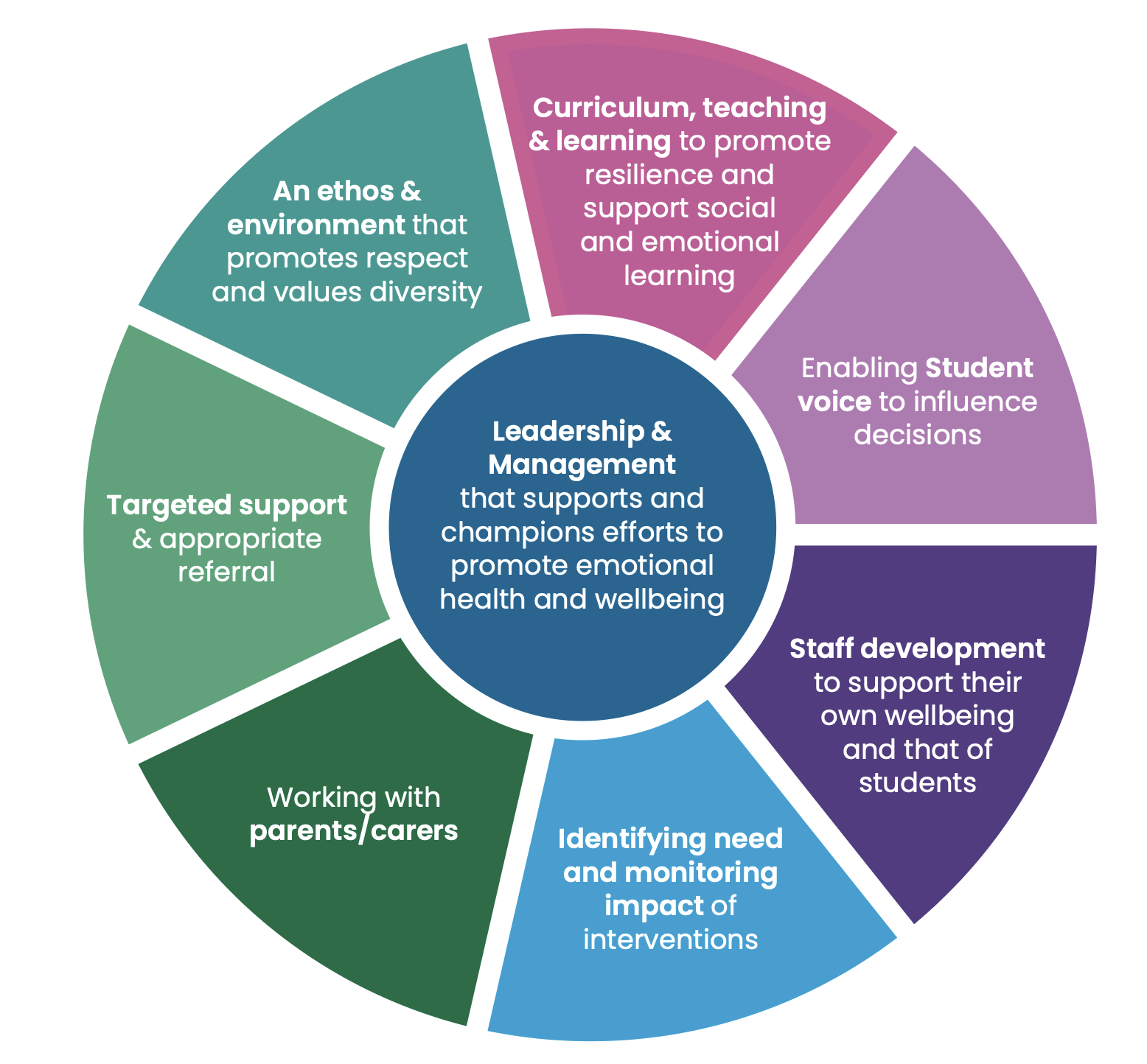The WSCA wheel showing eight components: curriculum, teaching and learning; enabling student voice; staff development; identifying need and monitoring impact; working with parents and carers; targeted support and appropriate referral; an ethos and environment that promotes respect and values diversity; and leadership and management at the centre.